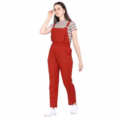 MAROON POLYESTER BLENDED STRIPED DUNGAREE WITH CROP T-SHIRT