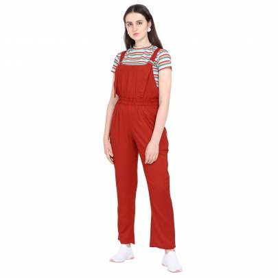 MAROON POLYESTER BLENDED STRIPED DUNGAREE WITH CROP T-SHIRT Dungarees