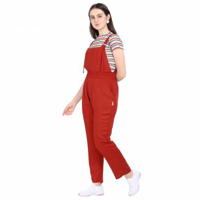 MAROON POLYESTER BLENDED STRIPED DUNGAREE WITH CROP T-SHIRT Dungarees