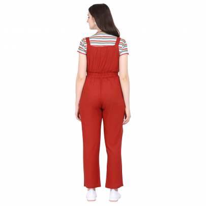 MAROON POLYESTER BLENDED STRIPED DUNGAREE WITH CROP T-SHIRT Dungarees