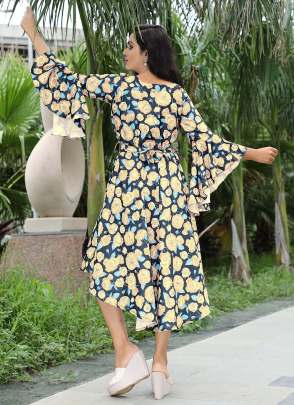 MULTI COLOR FLORAL PRINTED BISHOP SLEEVE DRESS  Dresses