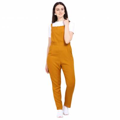 MUSTARD COTTON REYON BLENDED DUNGAREE WITH WHITE CROP T-SHIRT Dungarees