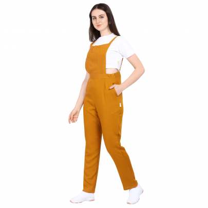 MUSTARD COTTON REYON BLENDED DUNGAREE WITH WHITE CROP T-SHIRT Dungarees