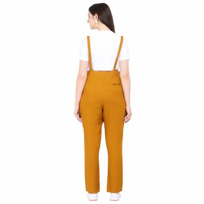 MUSTARD COTTON REYON BLENDED DUNGAREE WITH WHITE CROP T-SHIRT Dungarees