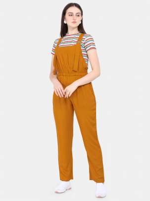 MUSTARD POLYESTER BLENDED STRIPED DUNGAREE WITH CROP T-SHIRT Dungarees