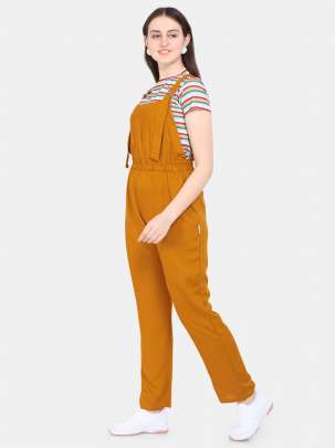 MUSTARD POLYESTER BLENDED STRIPED DUNGAREE WITH CROP T-SHIRT Dungarees