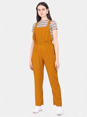 MUSTARD POLYESTER BLENDED STRIPED DUNGAREE WITH CROP T-SHIRT Dungarees