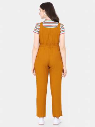 MUSTARD POLYESTER BLENDED STRIPED DUNGAREE WITH CROP T-SHIRT Dungarees