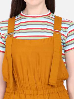 MUSTARD POLYESTER BLENDED STRIPED DUNGAREE WITH CROP T-SHIRT Dungarees