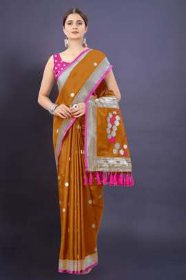 MUSTERD SOFT SILK SAREE WITH WEAVING ZARI WITH TESSEL BORDER FULL CATALOGE