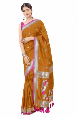 MUSTERD SOFT SILK SAREE WITH WEAVING ZARI WITH TESSEL BORDER FULL CATALOGE KANCHIPURAM SILK SAREE