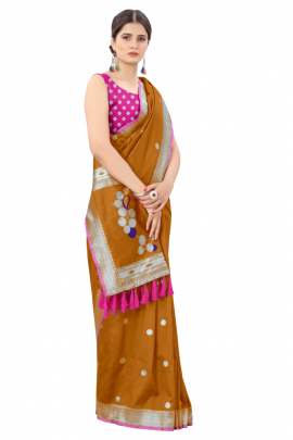 MUSTERD SOFT SILK SAREE WITH WEAVING ZARI WITH TESSEL BORDER FULL CATALOGE KANCHIPURAM SILK SAREE