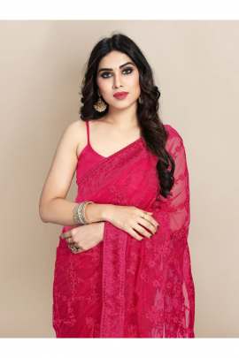 NET EMBROIDERD RANI COLOR CLASSIC SAREE FOR WOMEN 