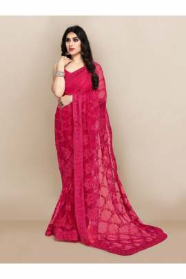 NET EMBROIDERD RANI COLOR CLASSIC SAREE FOR WOMEN  NET SAREES 