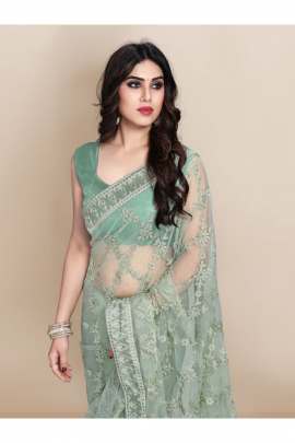 NET EMBROIDERD SEA GREEN CLASSIC SAREE FOR WOMEN  NET SAREES 