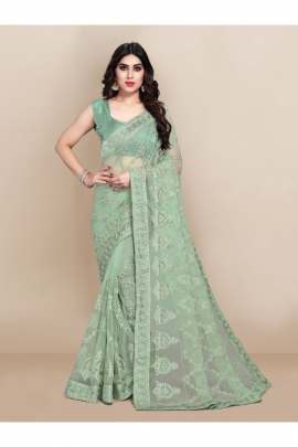 NET EMBROIDERD SEA GREEN CLASSIC SAREE FOR WOMEN  NET SAREES 