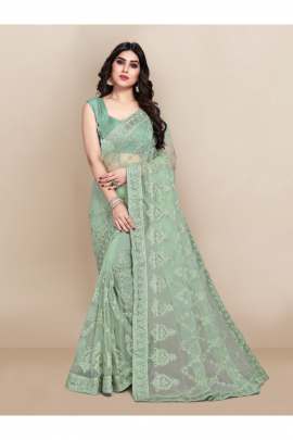 NET EMBROIDERD SEA GREEN CLASSIC SAREE FOR WOMEN  NET SAREES 