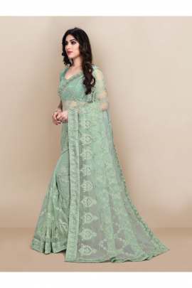 NET EMBROIDERD SEA GREEN CLASSIC SAREE FOR WOMEN  NET SAREES 