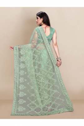 NET EMBROIDERD SEA GREEN CLASSIC SAREE FOR WOMEN  NET SAREES 