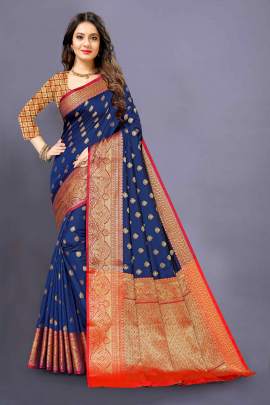 NEVI BLUE LICHI SILK SAREE WITH WEAVING ZARI WITH RICH PALLU