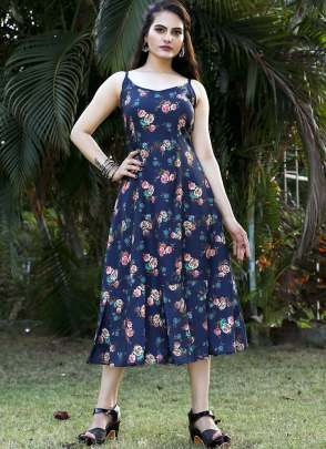 Navy Blue heavy goegette Printed Designer Western Dress Dresses