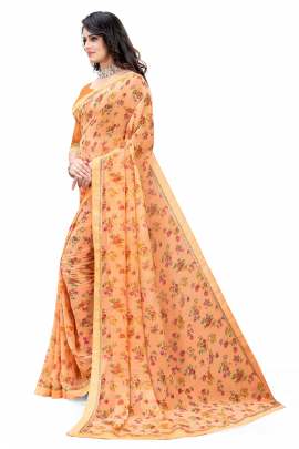 ORANGE FLORAL PRINTED GEORGETTE SAREE WITH RICH BORDER LACE GEORGETTE SAREES 