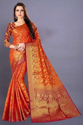 Orange Nylon silk saree with silver zari  Dying material with rich pallu 