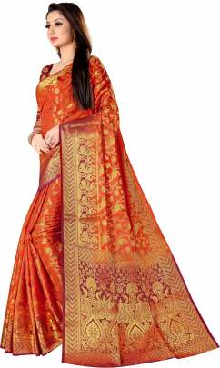 Orange Nylon silk saree with silver zari  Dying material with rich pallu  NYLON SILK SAREE