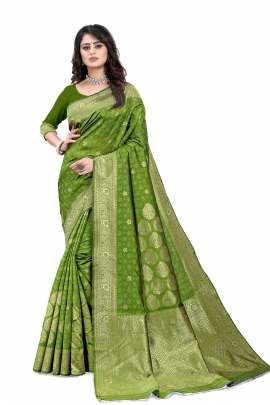 PARROT GREEN BANARSI SILK SAREE WITH WAEVING BORDER WITH UNSTITCHED BLOUSE PIECE FOR WEDDING AND PARTY  KANCHIPURAM SILK SAREE