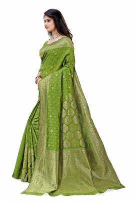 PARROT GREEN BANARSI SILK SAREE WITH WAEVING BORDER WITH UNSTITCHED BLOUSE PIECE FOR WEDDING AND PARTY  KANCHIPURAM SILK SAREE