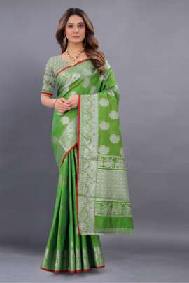 PARROT GREEN LICHI SILK SAREE WITH RICH PALLU  sarees