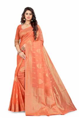 PEACH CHANDERI COTTON SILK SAREE WITH ALL OVER PRINT 