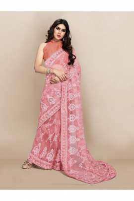 PEACH TRENDY NET SAREE WITH ALL OVER EMBROIDERD AND STONE  NET SAREES 