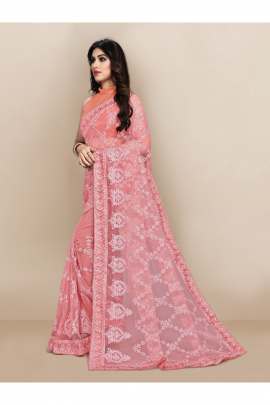 PEACH TRENDY NET SAREE WITH ALL OVER EMBROIDERD AND STONE  NET SAREES 