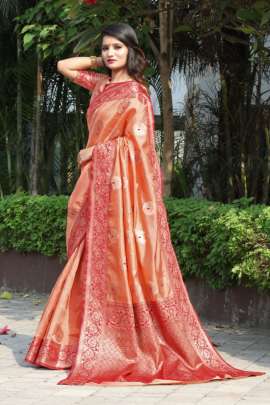 PEACH TUSSAR SILK SAREE WITH RICH PALLU AND WEAVING BORDER SILK SAREE