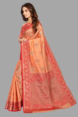 PEACH TUSSAR SILK SAREE WITH RICH PALLU AND WEAVING BORDER SILK SAREE