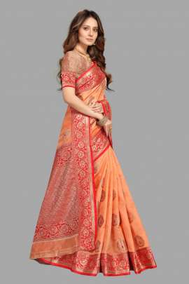 PEACH TUSSAR SILK SAREE WITH RICH PALLU AND WEAVING BORDER SILK SAREE