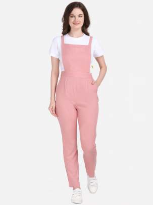 PINK COTTON REYON BLENDED DUNGAREE WITH WHITE CROP T-SHIRT