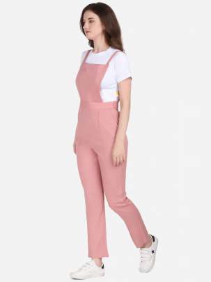 PINK COTTON REYON BLENDED DUNGAREE WITH WHITE CROP T-SHIRT Dungarees