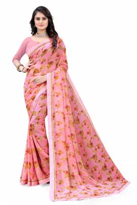 PINK FLORAL PRINTED GEORGETTE SAREE WITH RICH BORDER LACE sarees