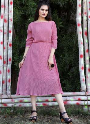 PINK PLAIN CRUSHED PARTY WEAR MIDI DRESS  western wear