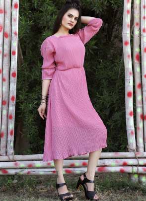 PINK PLAIN CRUSHED PARTY WEAR MIDI DRESS  Dresses