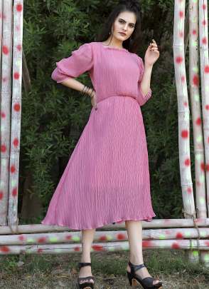 PINK PLAIN CRUSHED PARTY WEAR MIDI DRESS  Dresses