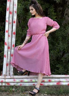 PINK PLAIN CRUSHED PARTY WEAR MIDI DRESS  Dresses