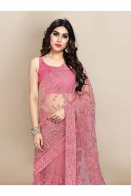 PINK TRENDY NET SAREE WITH ALL OVER EMBROIDERD AND STONE  sarees