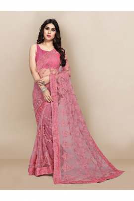 PINK TRENDY NET SAREE WITH ALL OVER EMBROIDERD AND STONE  NET SAREES 