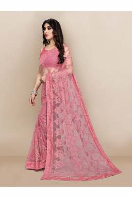 PINK TRENDY NET SAREE WITH ALL OVER EMBROIDERD AND STONE  NET SAREES 