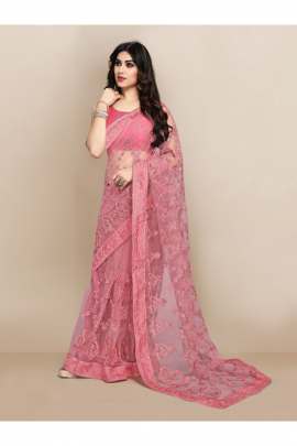 PINK TRENDY NET SAREE WITH ALL OVER EMBROIDERD AND STONE  NET SAREES 