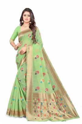 PISTA  CHANDERI SILK SAREE WITH ALL OVER WEAVING BORDER RICH PALLU WITH UNSTITCHED BLOUSE PIECE