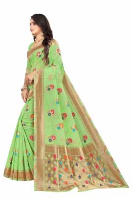 PISTA  CHANDERI SILK SAREE WITH ALL OVER WEAVING BORDER RICH PALLU WITH UNSTITCHED BLOUSE PIECE CHANDERI SAREE 